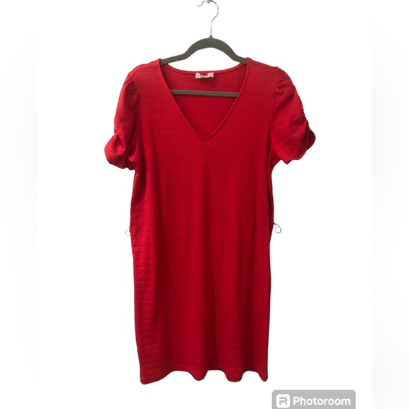 Loft Tee Shirt Dress Stretchy Cotton Blend Red “Seersucker” Ruched Sleeve V Neck - Picture 3 of 9